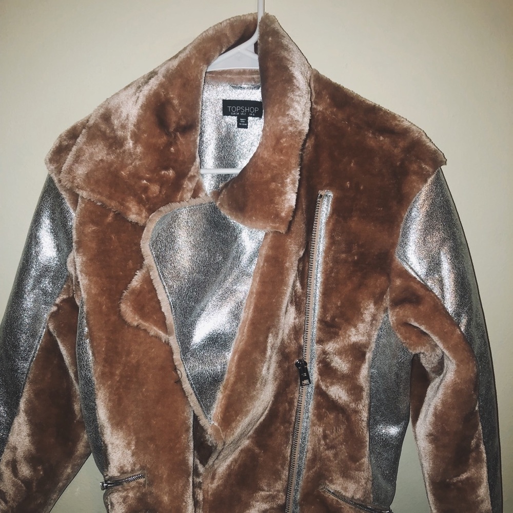 Topshop Metallic & Fur Coat